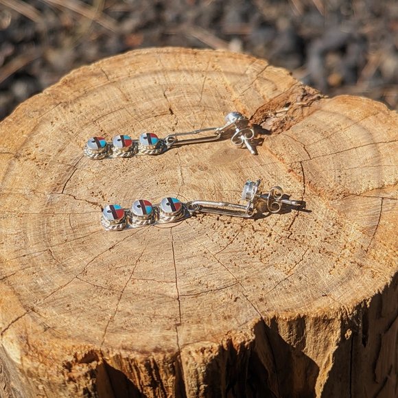 Authentic Zuni Sun Face Inlay Dangle Earrings Handmade Native American Jewelry** - Picture 4 of 9